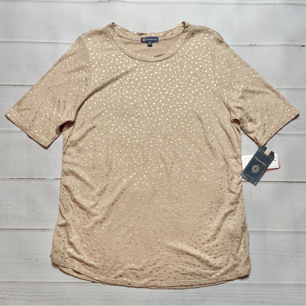 NWT - Democracy - Women’s Tan Ruched Foil Top - Size Large